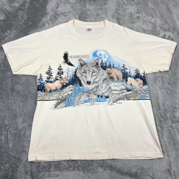Anvil Other - Vintage 90s Pennsylvania Shirt XL Beige San Segal Anvil Single Stitch Wolf Bear